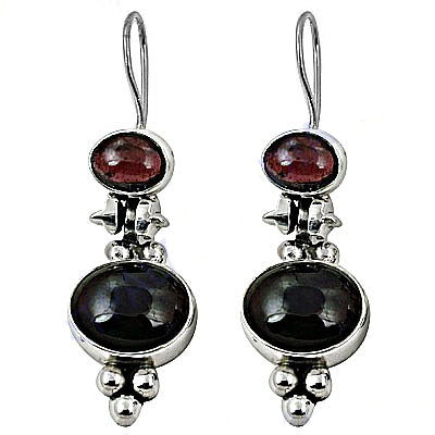 925 Silver Garnet & Onyx Drop Earrings | Gemstone Jewelry