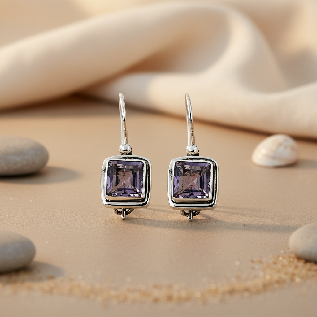 925 silver amethyst square earrings for women | gift