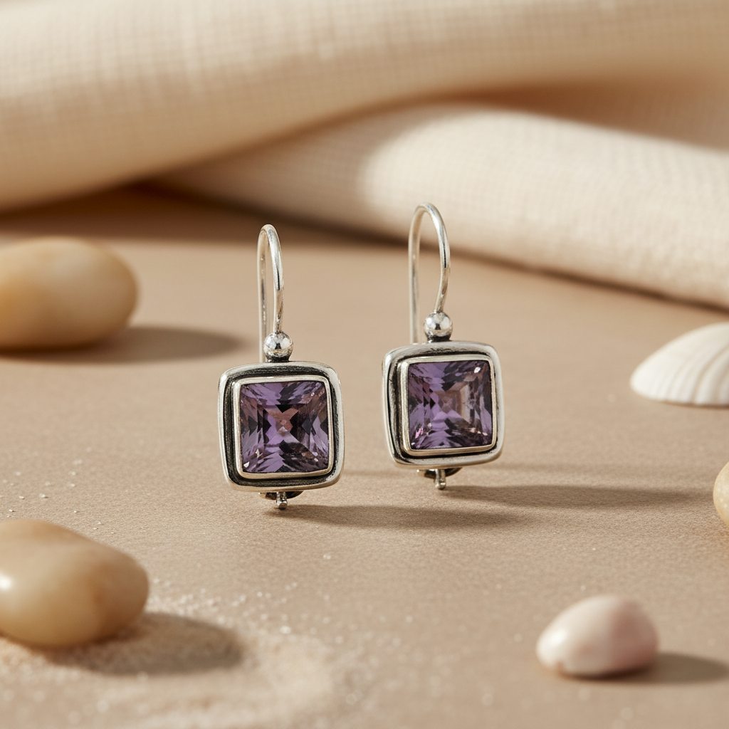 925 Silver Amethyst Square Earrings for Women | Gift