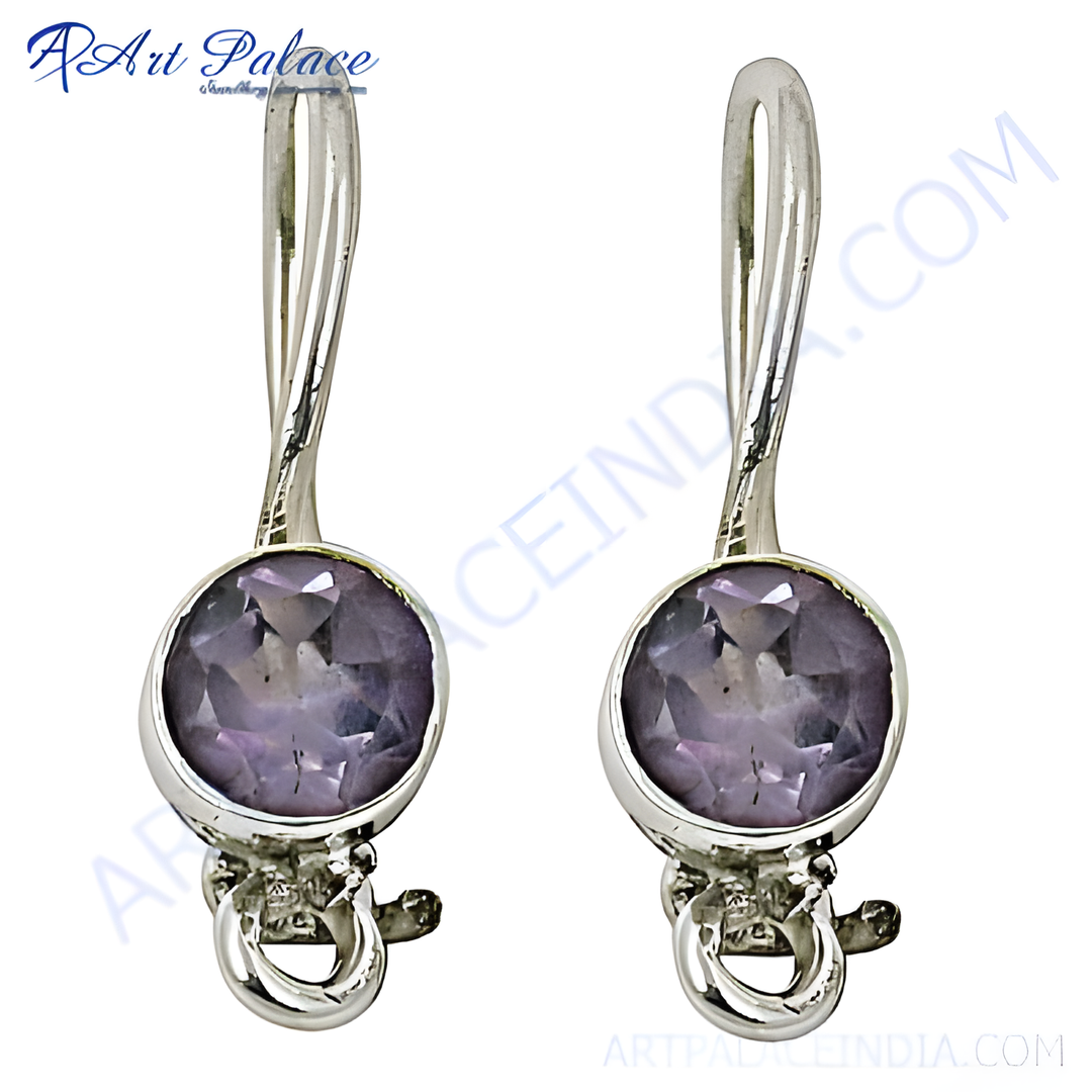 Sterling silver drop earrings with round-cut purple amethyst gemstones