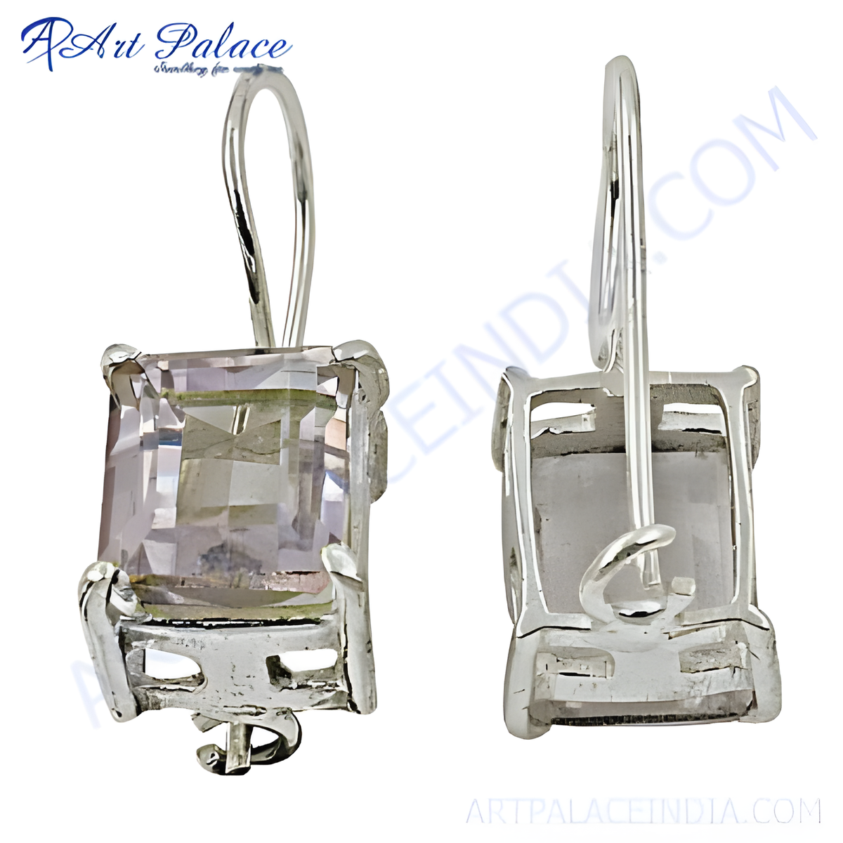925 sterling silver dangle earrings with square cut pink quartz gemstones