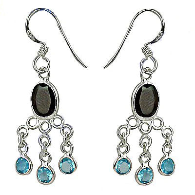 925 Silver Blue Topaz & Onyx Dangle Earrings for Women