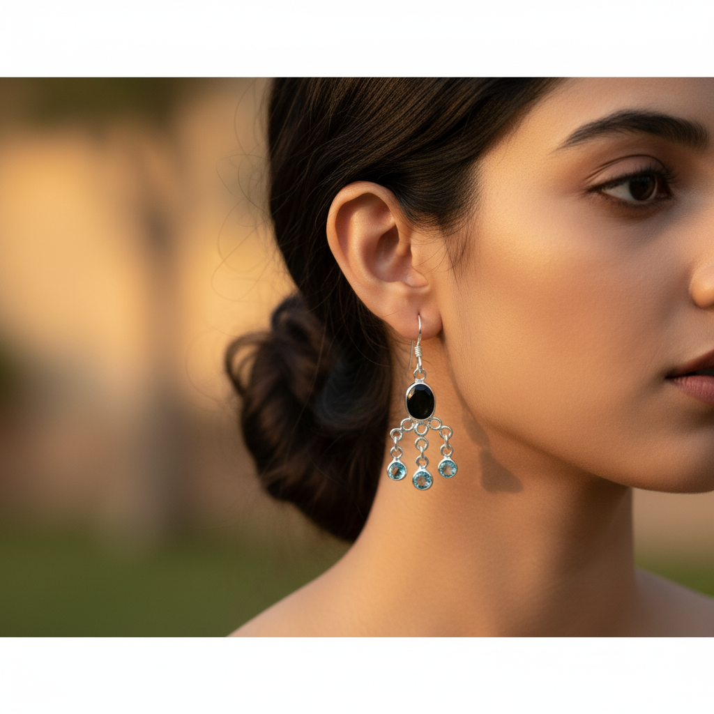 925 Silver Blue Topaz & Onyx Dangle Earrings for Women