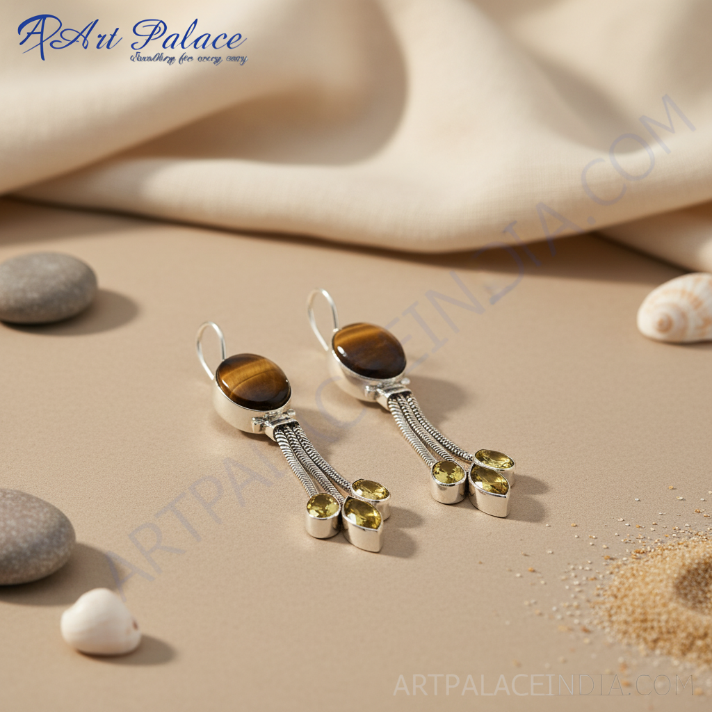 925 Silver Tiger Eye & Citrine Drop Earrings for Women