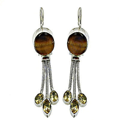 925 Silver Tiger Eye & Citrine Drop Earrings for Women