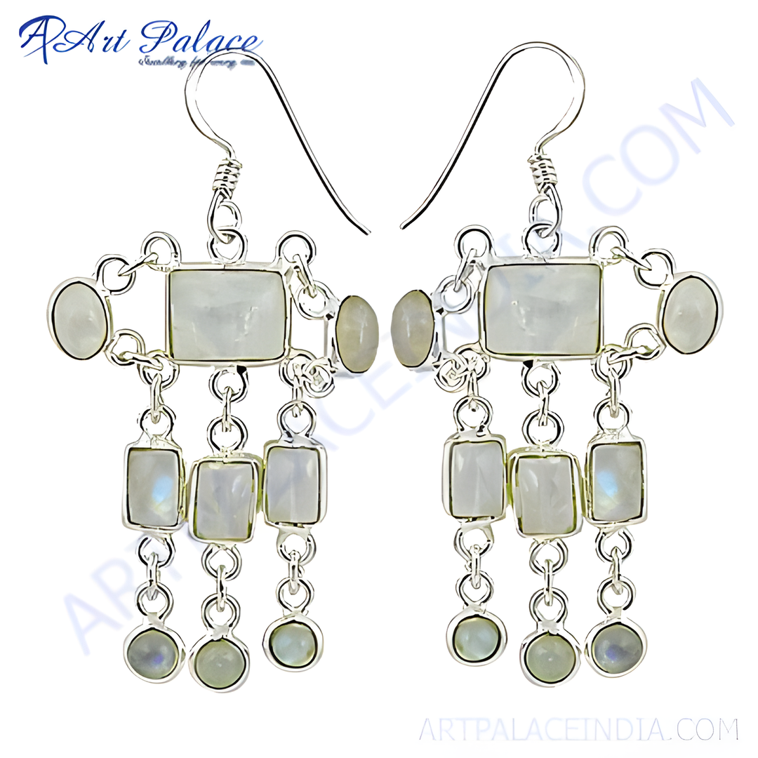 925 sterling silver dangle earrings with square and oval moonstone gemstones and hook closures