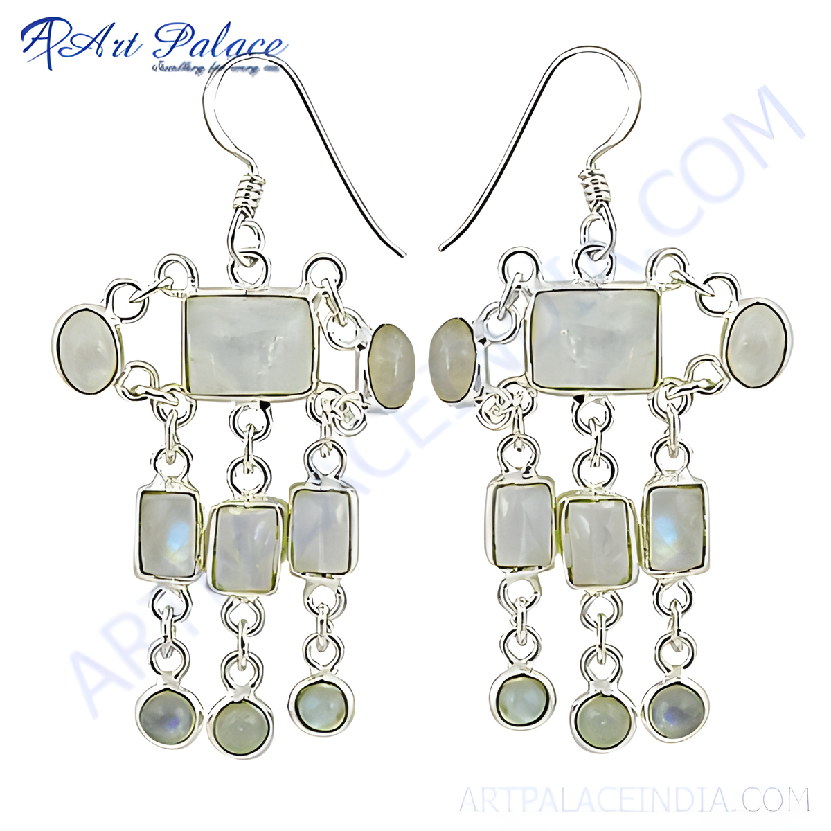 925 sterling silver dangle earrings with square and oval moonstone gemstones and hook closures