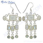 Load image into Gallery viewer, 925 sterling silver dangle earrings with square and oval moonstone gemstones and hook closures
