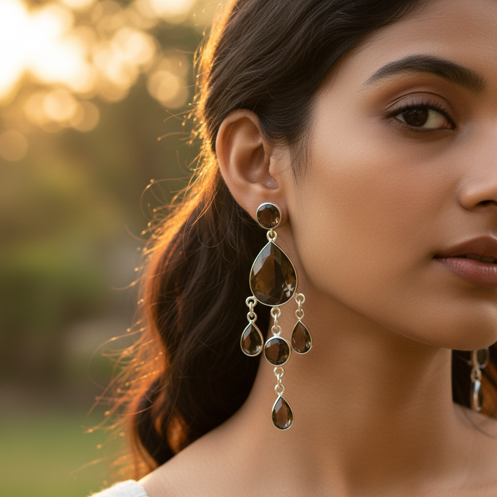 Smoky Quartz Dangle Earrings in 925 Silver for Women