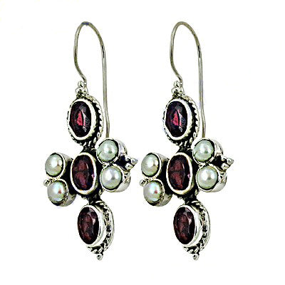 925 Silver Garnet & Pearl Cross Earrings for Women