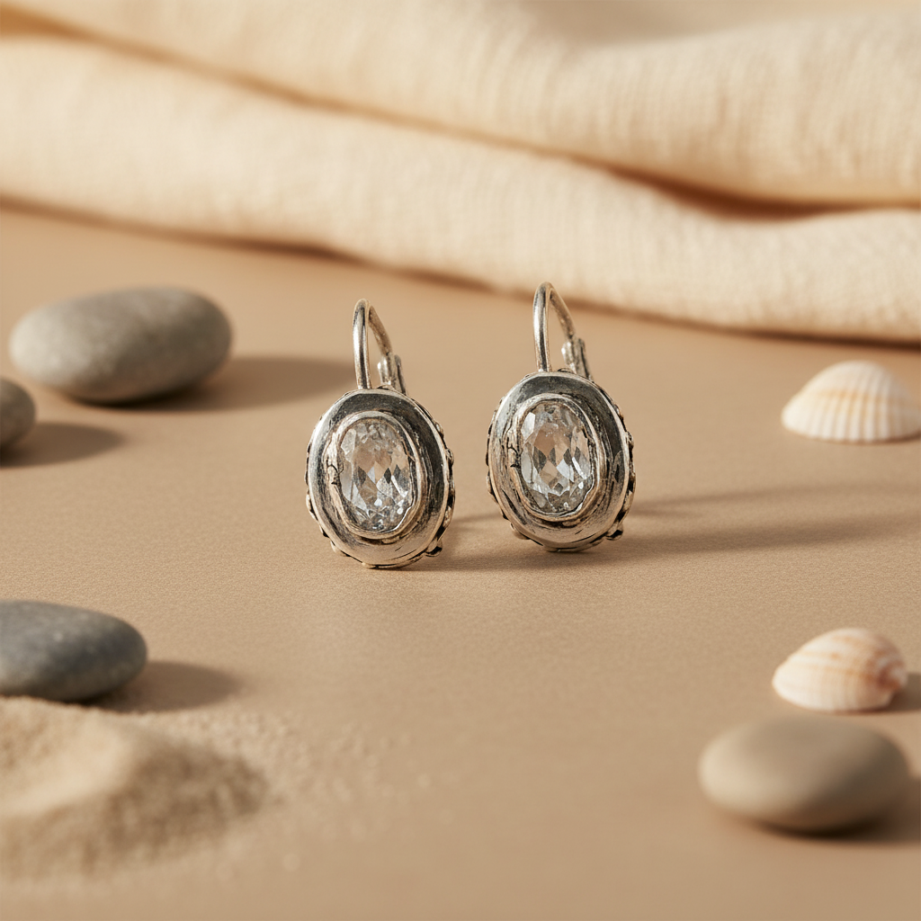 925 Silver Leverback Earrings with Oval Gemstone | Women's Jewelry