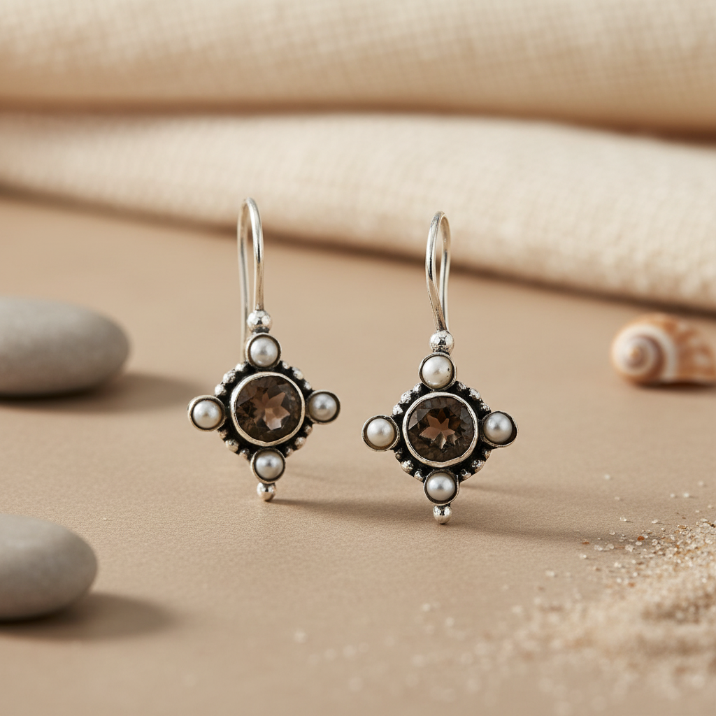 925 Silver Smoky Quartz & Pearl Earrings for Women