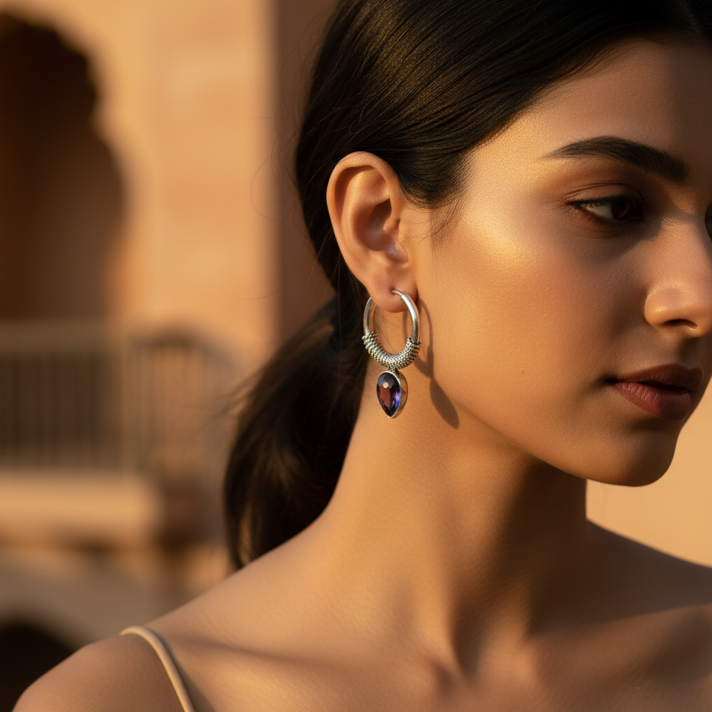 925 Silver Hoop Earrings with Amethyst Stone for Women