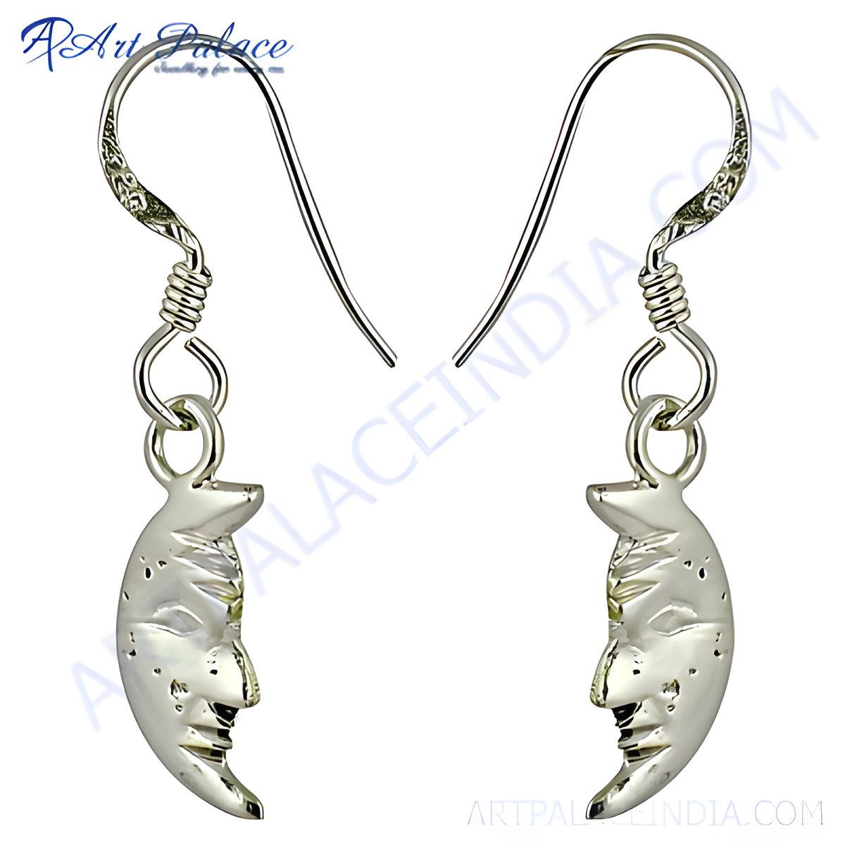 Sterling silver crescent moon dangle earrings with detailed facial features