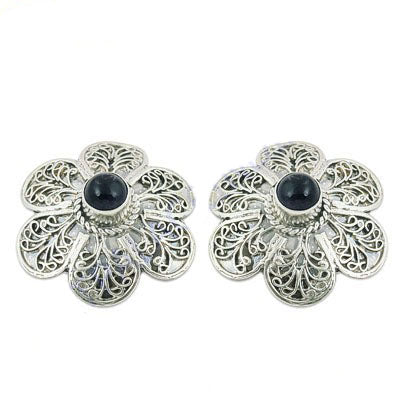 925 Silver Black Gemstone Flower Earrings for Women