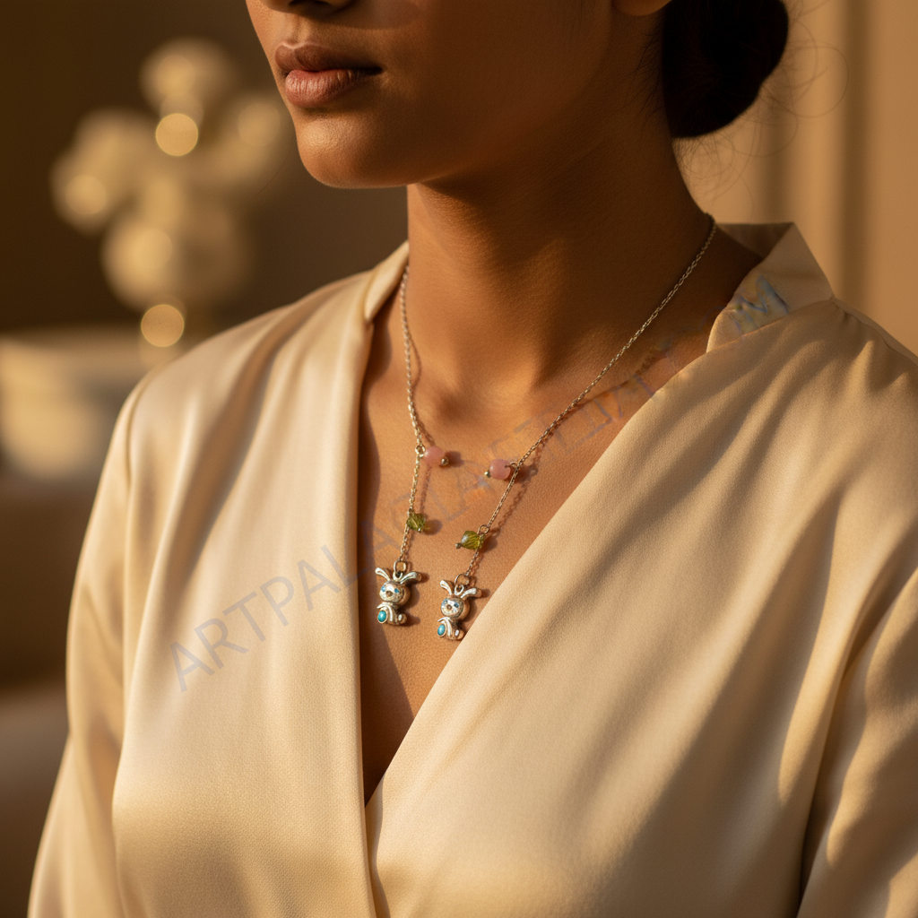 925 Silver Bunny Pendant Necklace | Pink & Green Gemstones