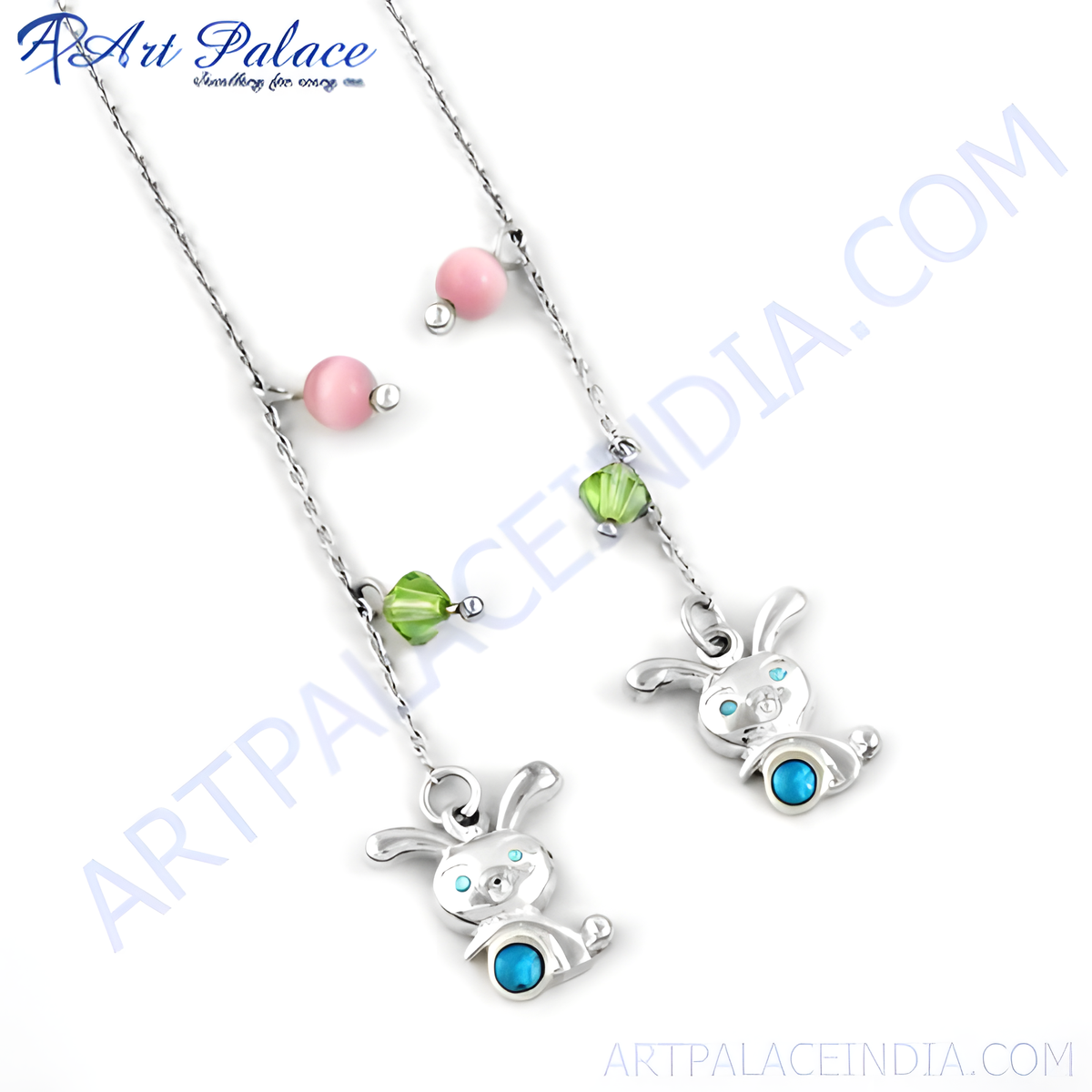 925 sterling silver bunny pendant necklace with pink and green gemstones