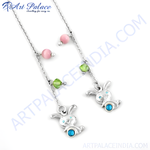 Load image into Gallery viewer, 925 sterling silver bunny pendant necklace with pink and green gemstones

