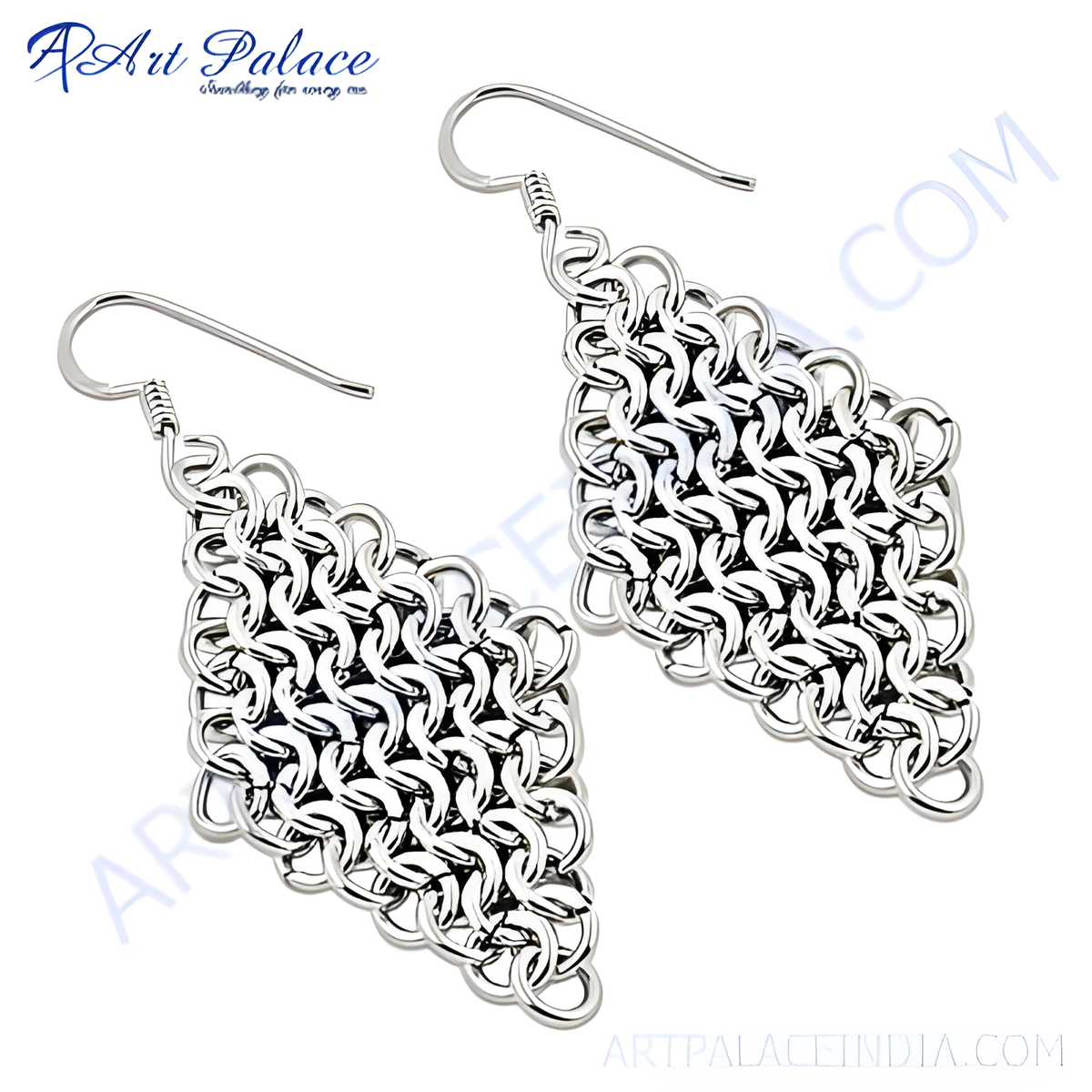 Sterling silver chainmail dangle earrings, intricate silver pattern, elegant jewelry for women