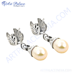 Load image into Gallery viewer, Silver drop earrings with leaf design and elegant pearl accents, perfect for women.
