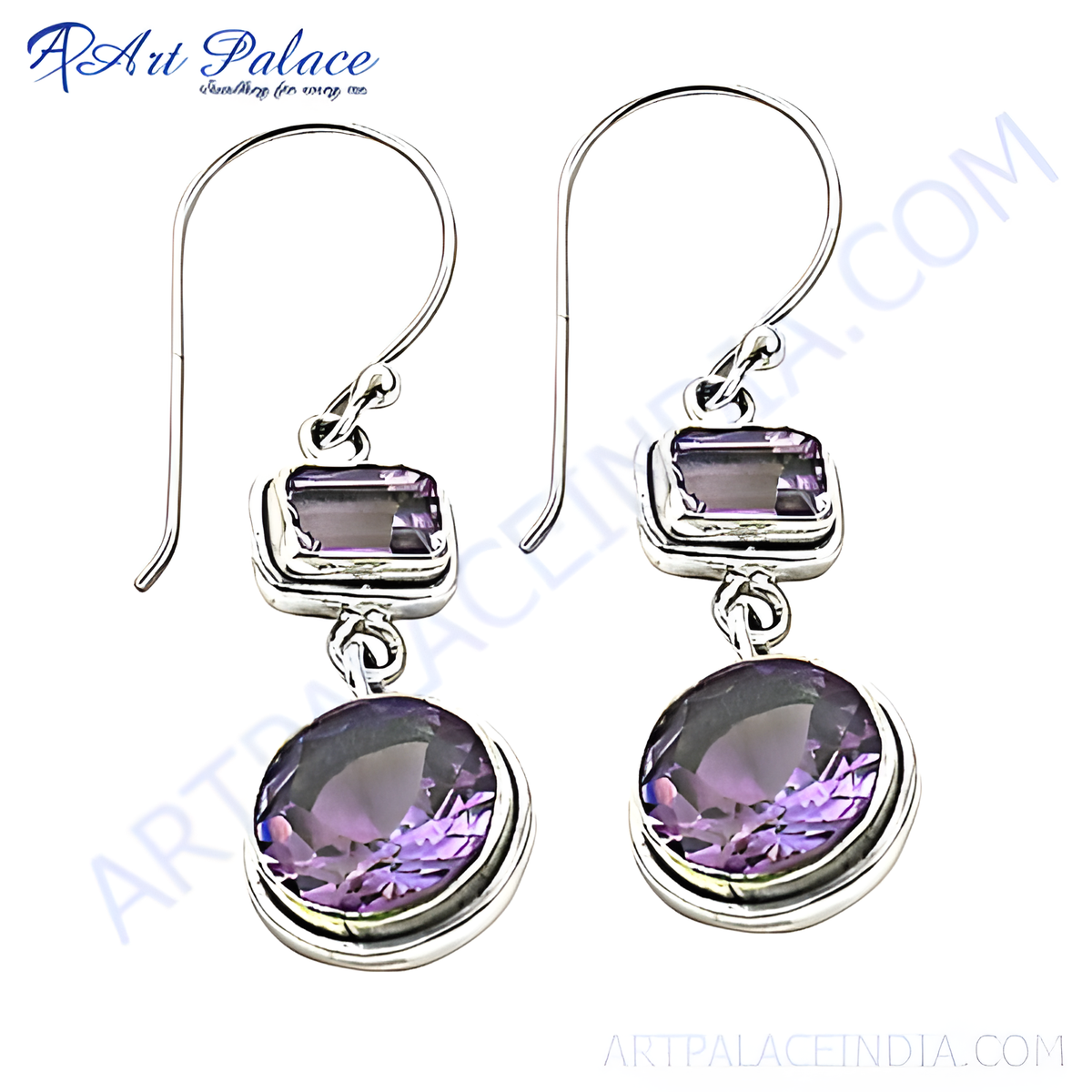 925 sterling silver drop earrings featuring square and round amethyst gemstones in a beautiful purple hue