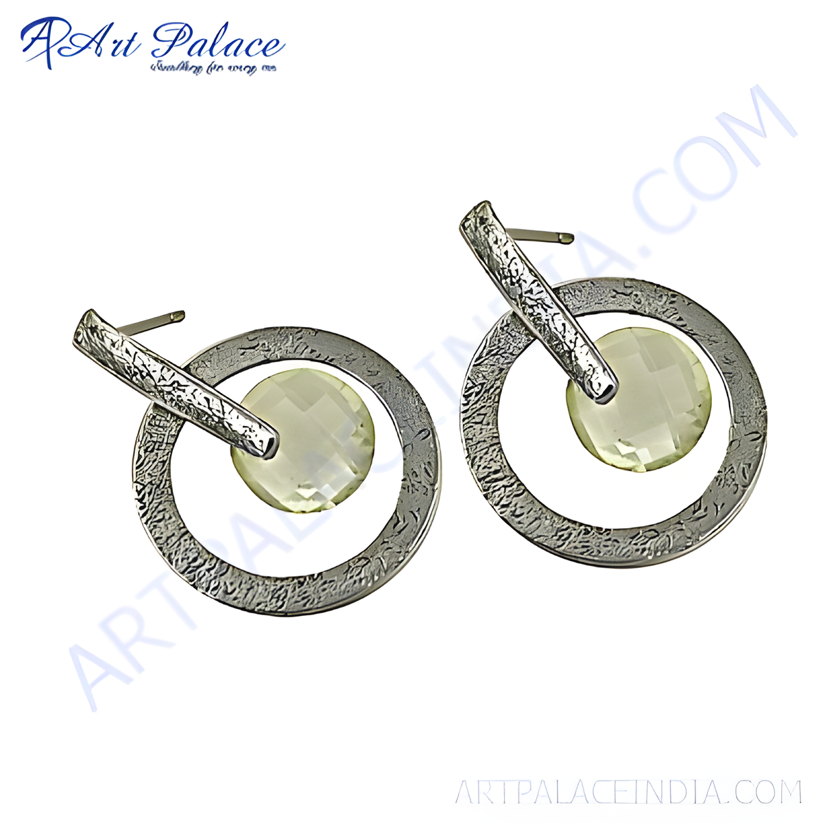 Silver stud earrings with a textured design and a vibrant yellow citrine gemstone center, perfect for women