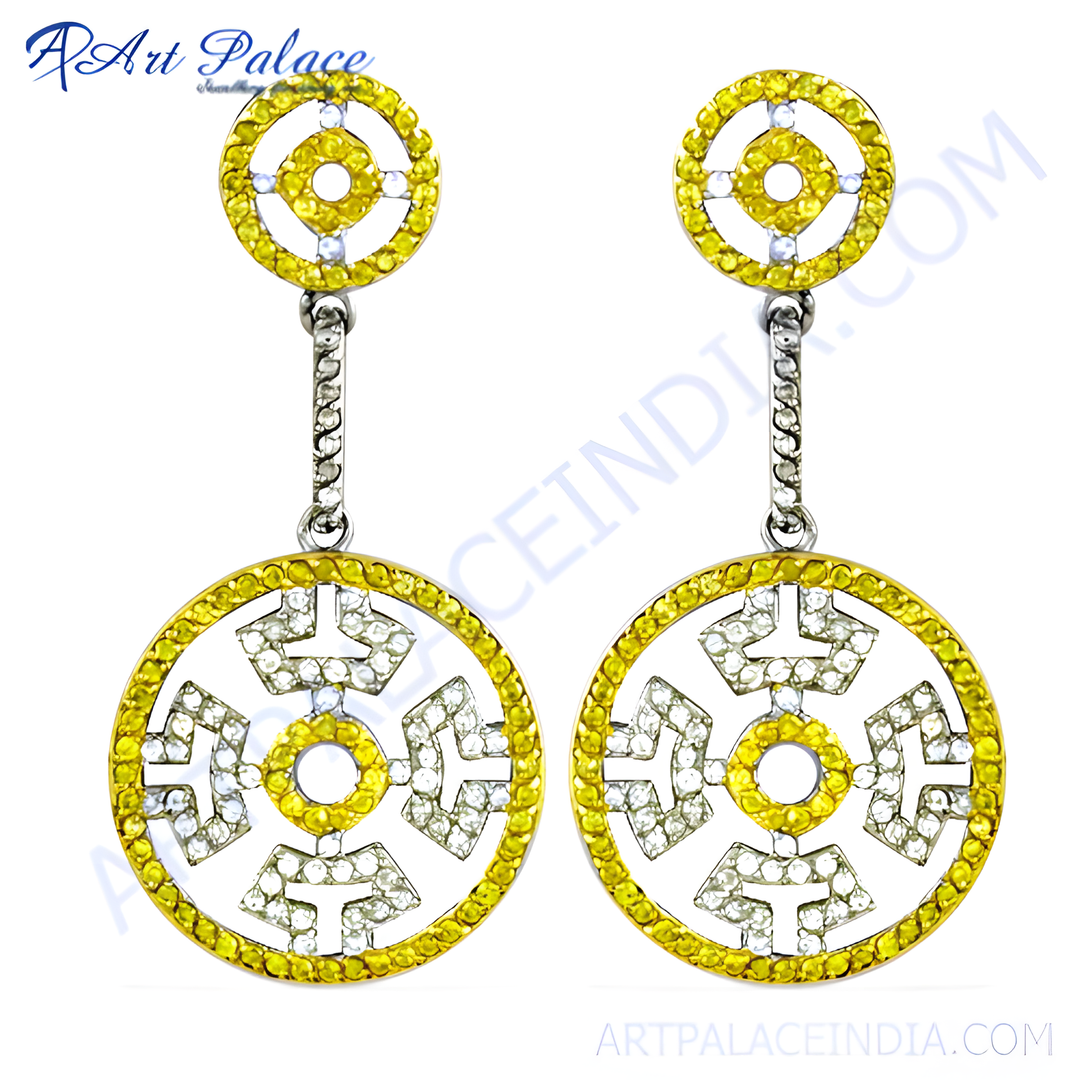 Silver dangle earrings with yellow sapphire gemstones, a bright and colorful statement piece