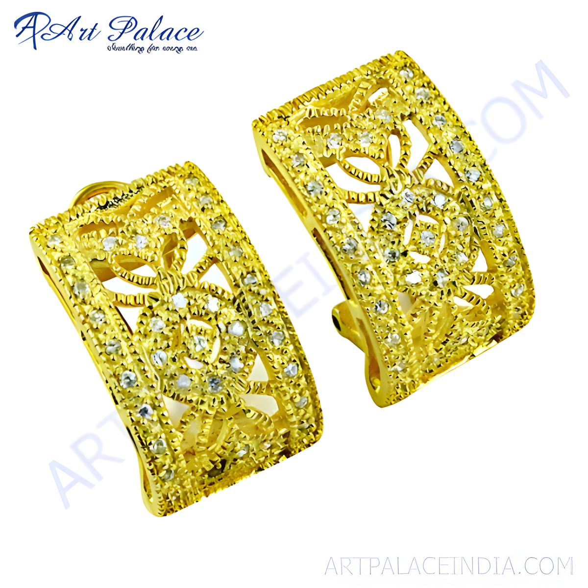 Gold plating filigree hoop earrings with sparkling cubic zirconia stones, perfect for elegant wear