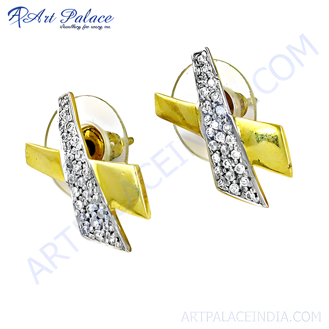 gold plating and crystal stud earrings with a unique X design, perfect for women's fashion jewelry.