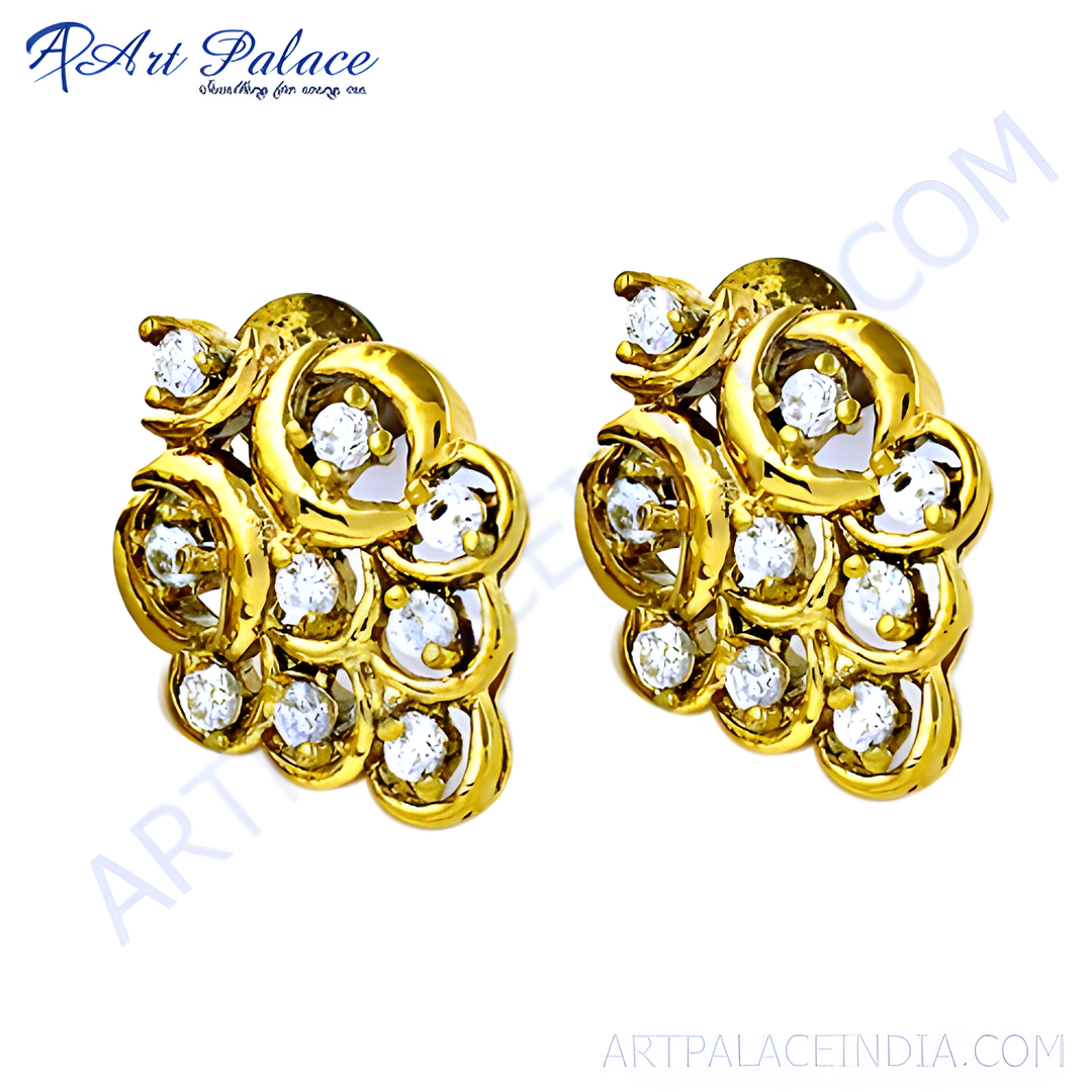 gold plating stud earrings with multiple diamonds, featuring a clustered design, suitable for bridal or special occasions.