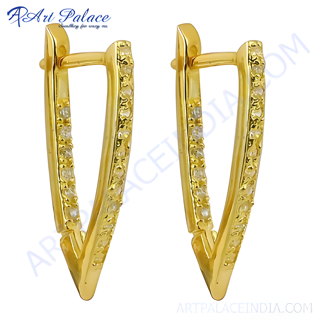 gold plating V-shaped hoop earrings with sparkling cubic zirconia stones, perfect for women.