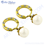 Load image into Gallery viewer, gold plating hoop earrings with pearl drops, elegant gold plating jewelry, pearl earrings for women, gold plating earrings for women
