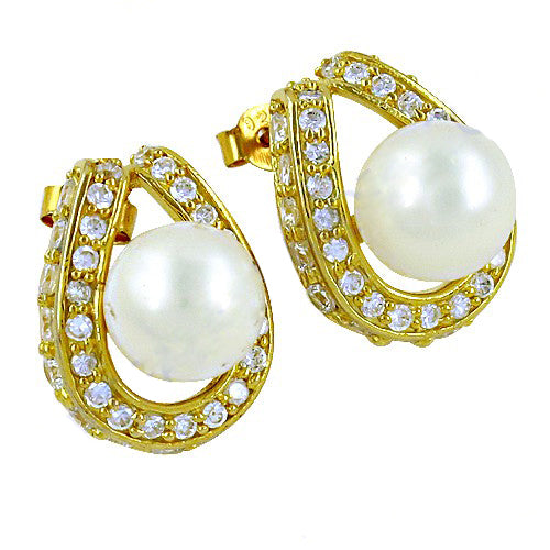 gold plating Pearl Stud Earrings | Cubic Zirconia Pave | Women's Jewelry