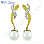 Load image into Gallery viewer, gold plating pearl drop earrings with white pearls and sparkling accents, perfect for women's elegant jewelry.
