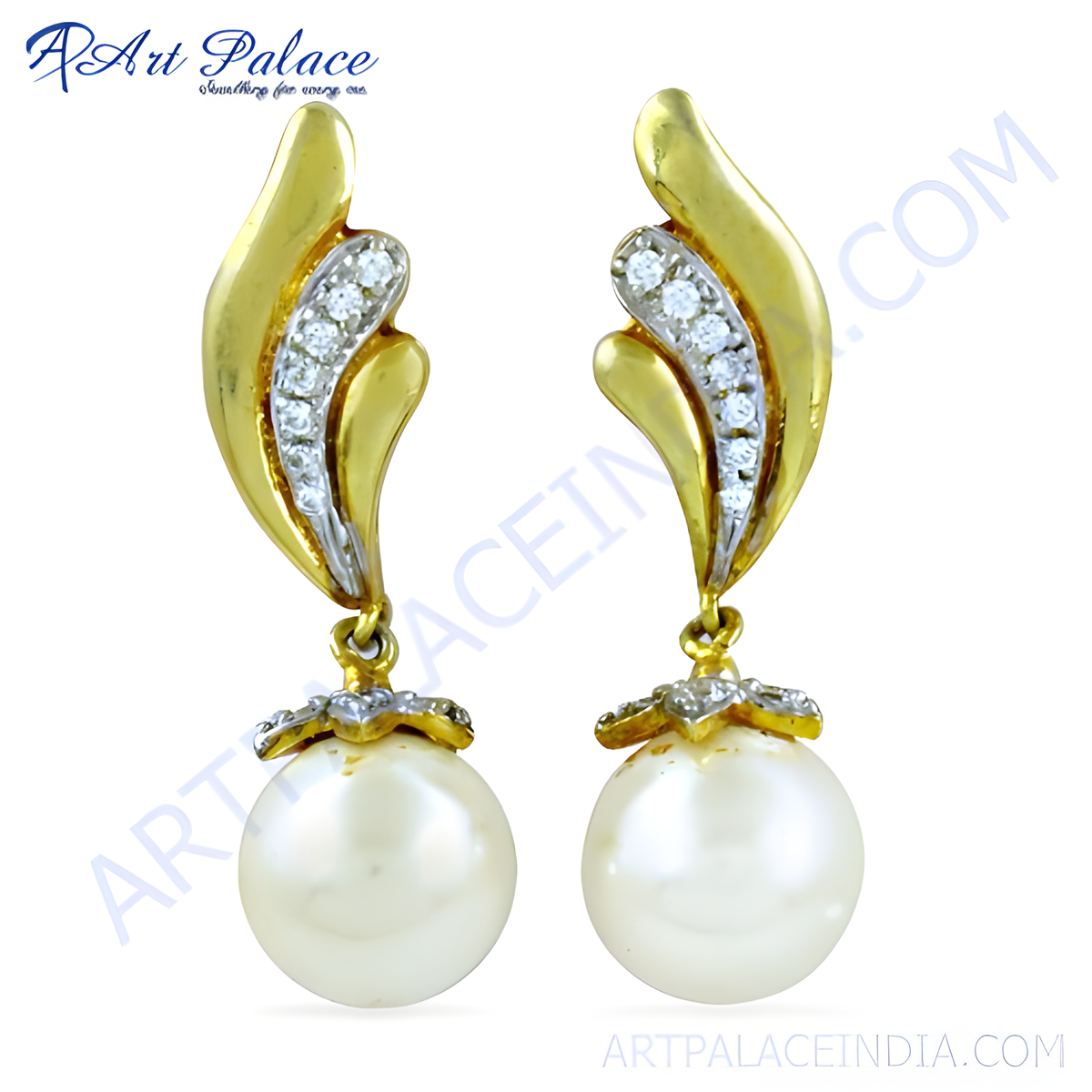 Gold plating drop earrings featuring a gold plating leaf design with crystals and a large pearl
