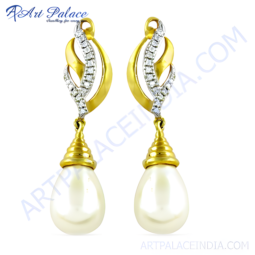 gold plating drop earrings with white pearl drops and diamond accents, elegant jewelry for women.