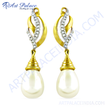 Load image into Gallery viewer, gold plating drop earrings with white pearl drops and diamond accents, elegant jewelry for women.

