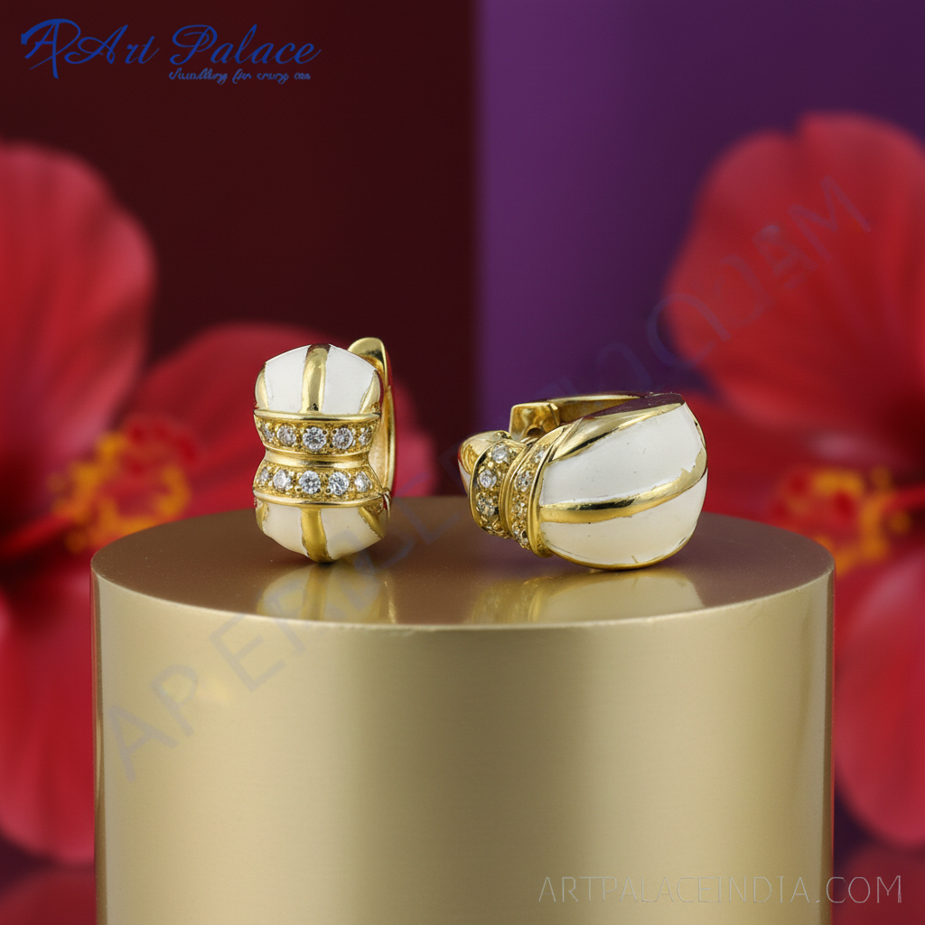 gold plating White Enamel Diamond Hoop Earrings | Women's Jewelry