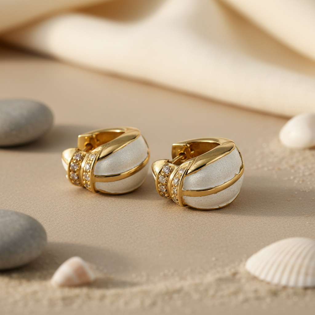 gold plating White Enamel Diamond Hoop Earrings | Women's Jewelry