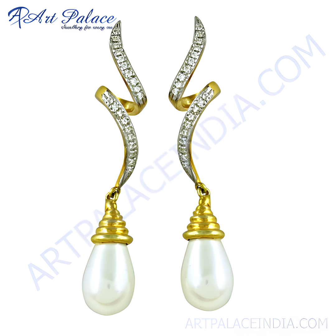gold plating drop earrings with pear-shaped pearls and diamond accents on a white background.