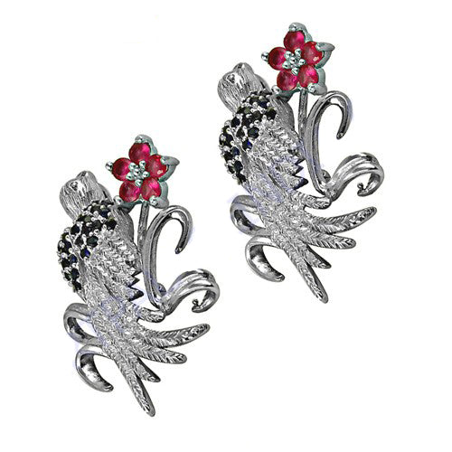 Silver Floral Bird Earrings with Red Gemstones | Women's Jewelry