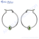 Load image into Gallery viewer, Sterling silver hoop earrings with square-cut green gemstones for women.

