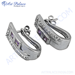 Load image into Gallery viewer, Silver stud earrings with amethyst stones. Elegant, delicate design perfect for women.
