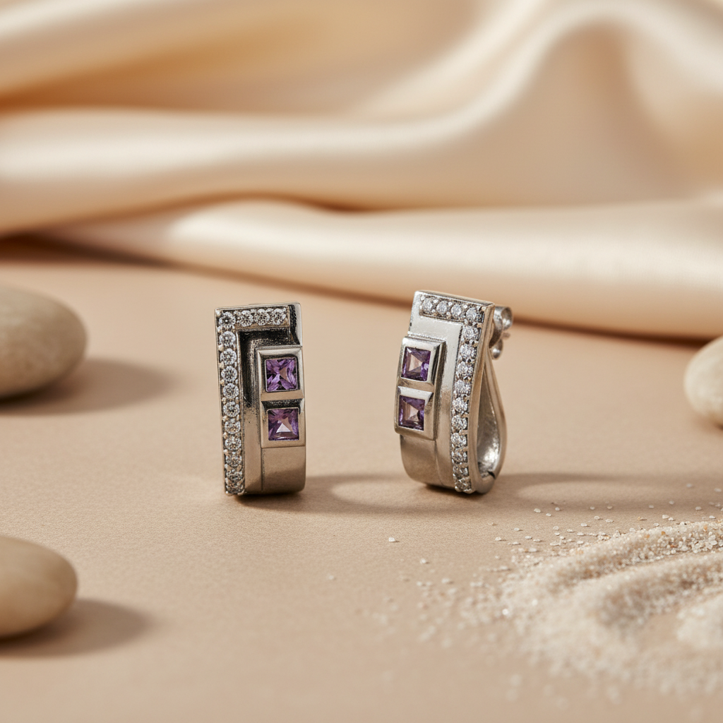 Silver Amethyst Stone Earrings for Women | Dainty Jewelry
