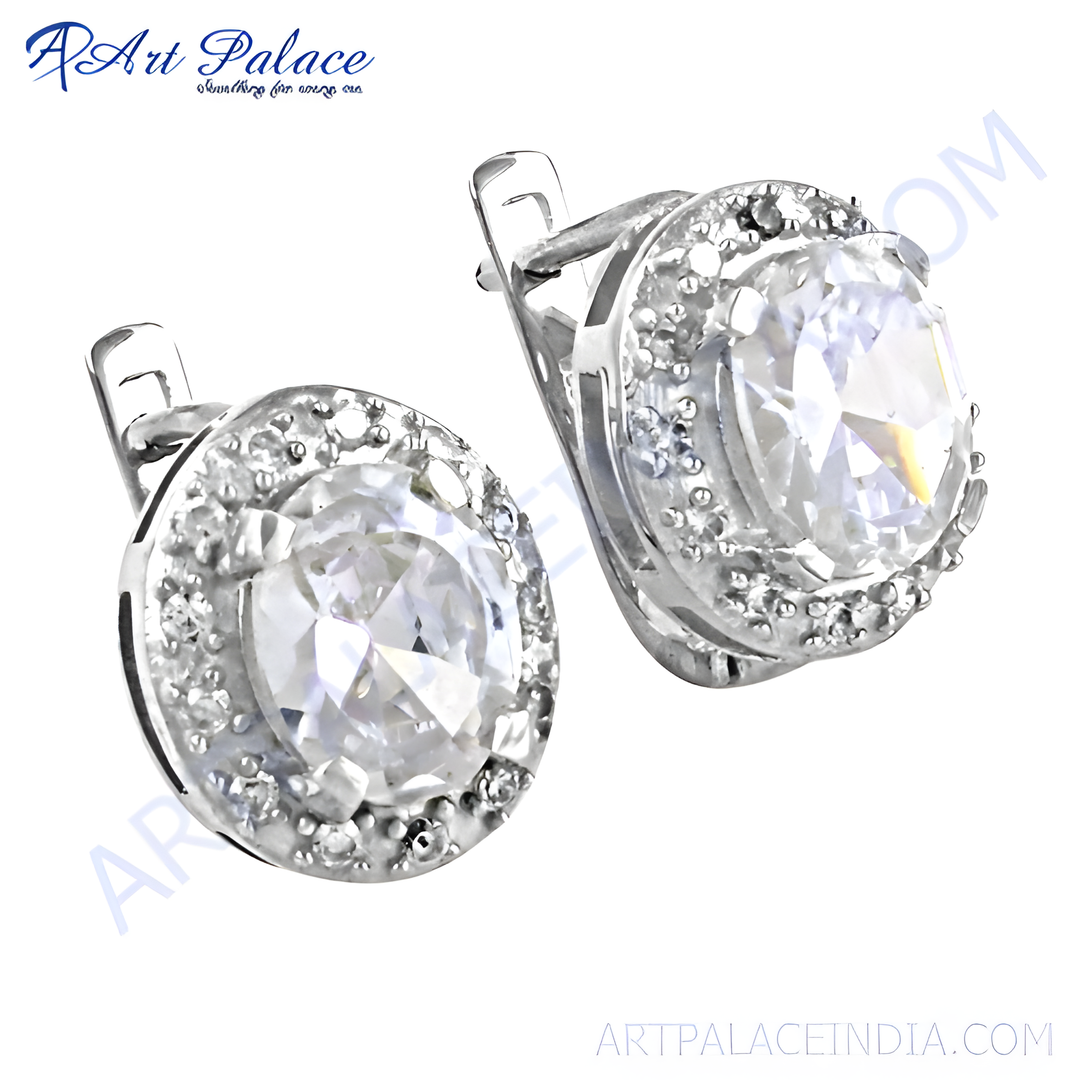 925 sterling silver halo earrings with large white cubic zirconia center stones and smaller accent stones