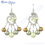 Load image into Gallery viewer, Silver chandelier earrings featuring multiple pearls in various colors, perfect for a special occasion or adding a touch of elegance to any outfit.
