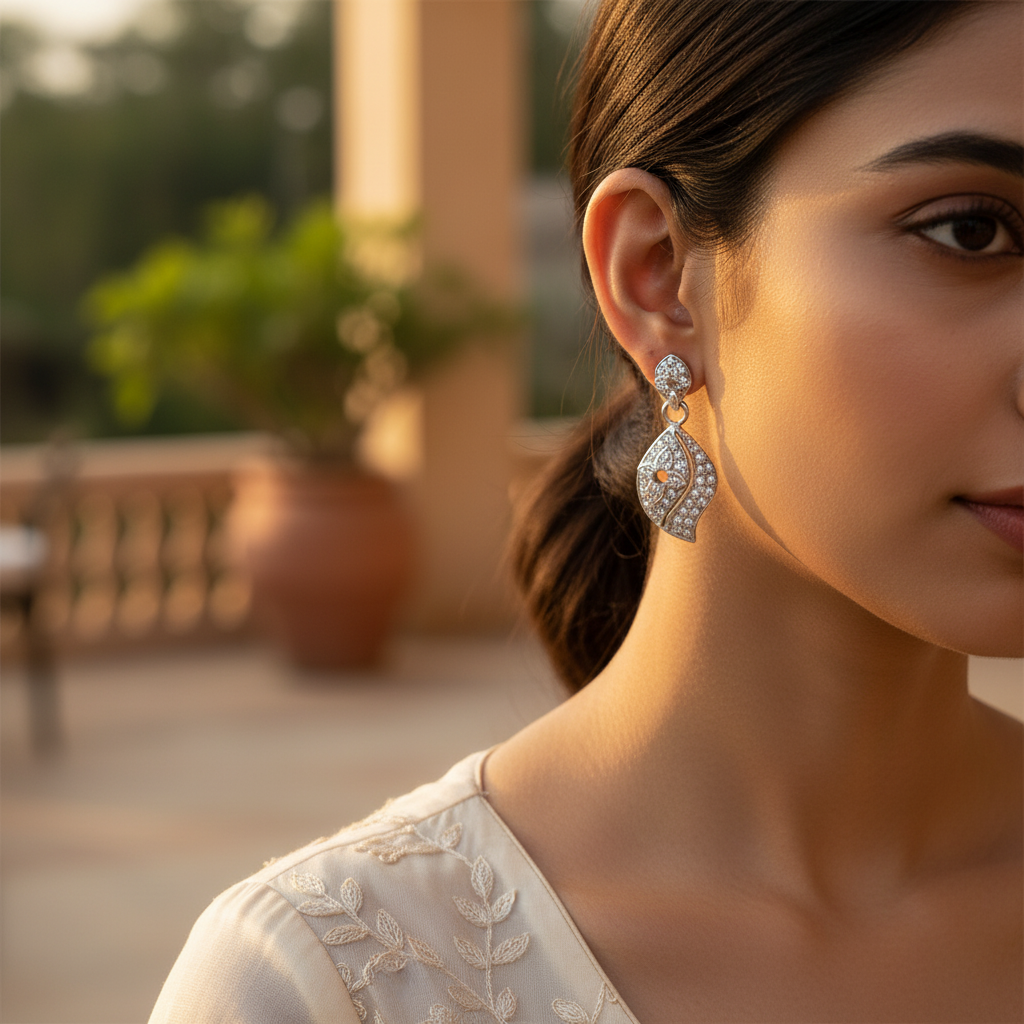 925 Silver Leaf Earrings with Crystals | For Women