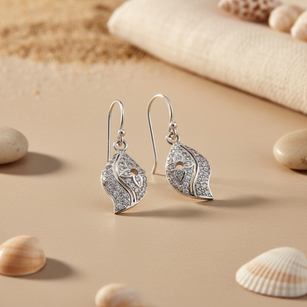 925 Silver Leaf Earrings with Crystals | For Women