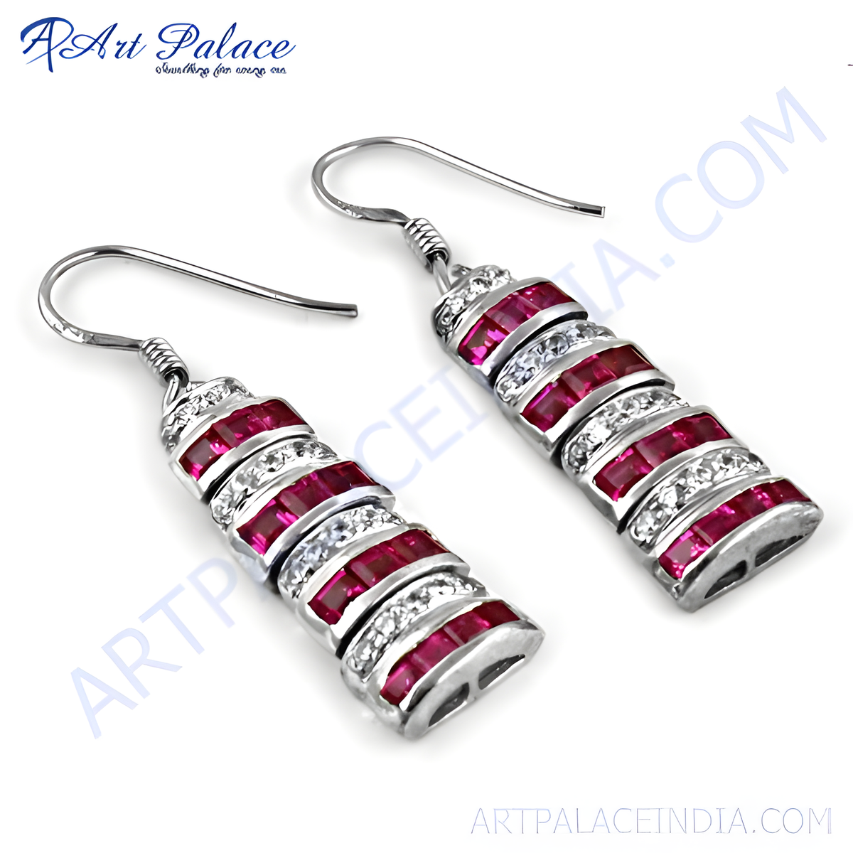 Silver dangle drop earrings featuring ruby and diamond gemstones