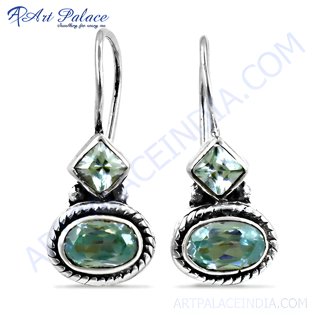 925 sterling silver drop earrings with green oval and diamond cut gemstones